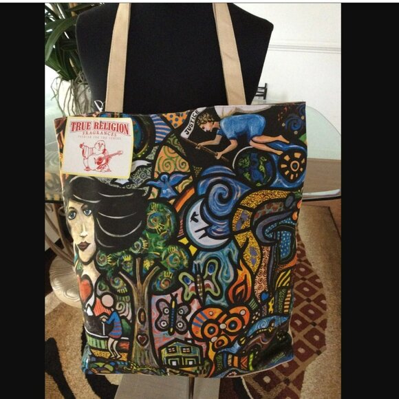 New True Religion Canvas Bag Graffiti Art Tote Shopper Carryall Overnight Travel - Picture 6 of 6